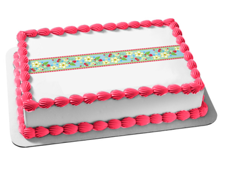 Flowers Strawberries Pink Polka Dot Edges Edible Cake Topper Image ABPID13515 Cheap