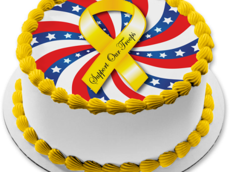 Support Our Troops Yellow Ribbon Red White Blue Waving Flag White Stars Background Edible Cake Topper Image ABPID13566 Fashion