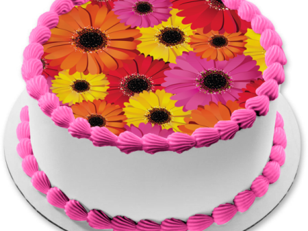 Flowers Red Pink Orange Yellow Sparkle Centers Edible Cake Topper Image ABPID13242 Online