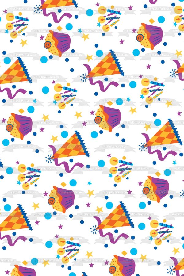 Birthday Party Pattern Party Hats Cupcakes Streamers Stars Edible Cake Topper Image ABPID13101 Online Sale