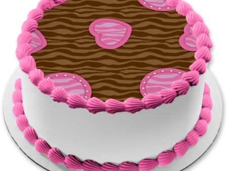 Zebra Pattern Brown Pink Circkes Hearts Edible Cake Topper Image ABPID13133 For Sale