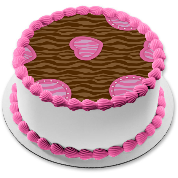 Zebra Pattern Brown Pink Circkes Hearts Edible Cake Topper Image ABPID13133 For Sale