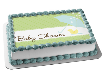 Baby Shower Blue Umbella Pink Baby Chick Flowers Green Polka Dot Background Edible Cake Topper Image ABPID13405 Online