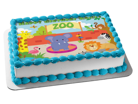 Zoo Banner Animals Giraffe Elephant Flamingo Lion Zebra Monkey Buttefly Edible Cake Topper Image ABPID13223 on Sale