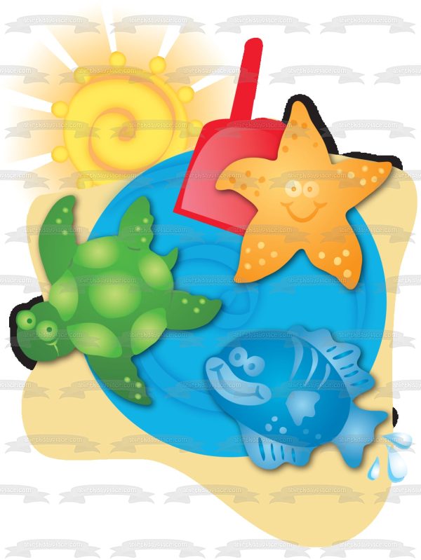 Beach Ocean Sun Sea Star Turtle Fish Edible Cake Topper Image ABPID13071 Sale