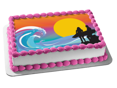 Beach Sunset Man Woman Surfboards Silhouette Waves Edible Cake Topper Image ABPID13190 Hot on Sale