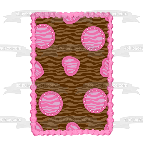 Zebra Pattern Brown Pink Circkes Hearts Edible Cake Topper Image ABPID13133 For Sale