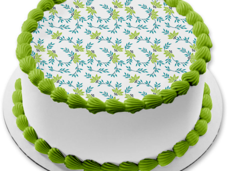 Blue Green Leaf Pattern Edible Cake Topper Image ABPID13153 on Sale