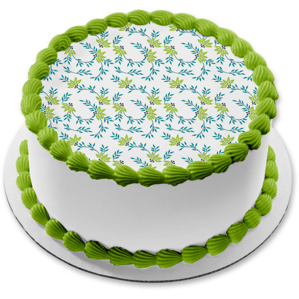 Blue Green Leaf Pattern Edible Cake Topper Image ABPID13153 on Sale