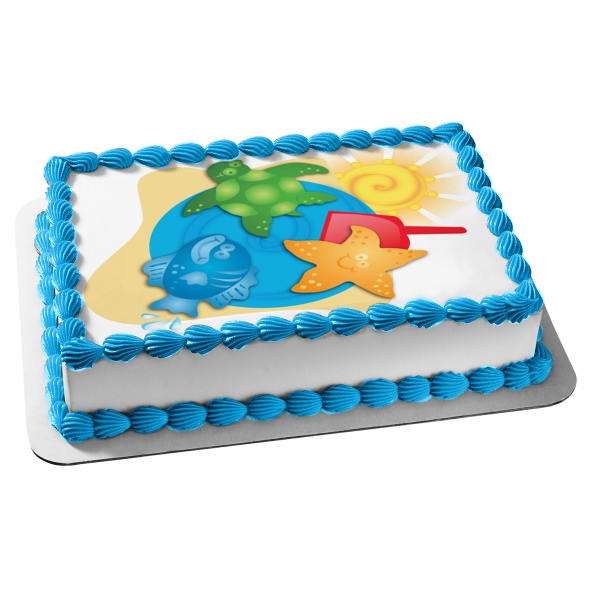 Beach Ocean Sun Sea Star Turtle Fish Edible Cake Topper Image ABPID13071 Sale