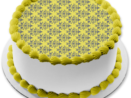 Blue Damask Pattern Yellow Background Edible Cake Topper Image ABPID13093 For Sale