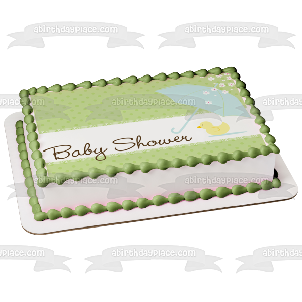 Baby Shower Blue Umbella Pink Baby Chick Flowers Green Polka Dot Background Edible Cake Topper Image ABPID13405 Online