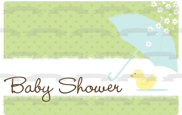 Baby Shower Blue Umbella Pink Baby Chick Flowers Green Polka Dot Background Edible Cake Topper Image ABPID13405 Online