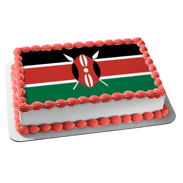 Flag of Kenya Black Green Red Stripes Red White and Black Maasai Shield and Two Crossed Spears Edible Cake Topper Image ABPID13208 Online now