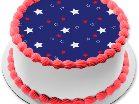 White Red Stars Pattern Blue Background Edible Cake Topper Image ABPID13483 For Discount