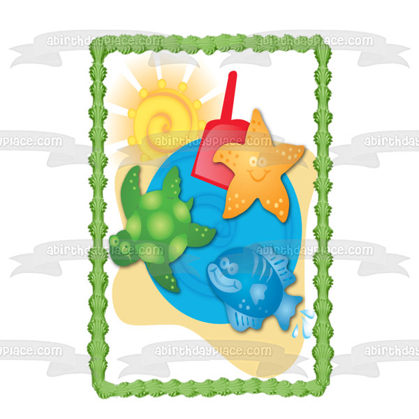 Beach Ocean Sun Sea Star Turtle Fish Edible Cake Topper Image ABPID13071 Sale